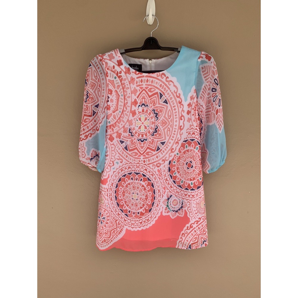 By & By Girl Pink Coral Blue Mandala Print Dress Sheer 3/4 Sleeve Size 12